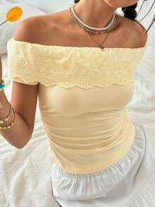 Jouncy Áo trễ vai tay ngắn viền ren nhún bèo màu vàng cho nữ - Màu vàng - Xem 6
