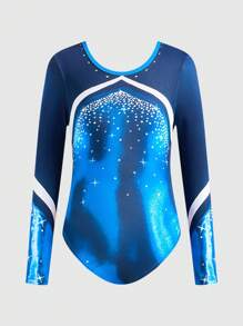 SHEIN Tween Girls Blue & Contrast Color Leotard, Gymnastics, Dance, Artistic Performance & Training, All Season