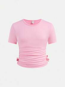 SHEIN Girlism 2pcs/Set Tween Girls Casual Crewneck Top With Waist Ruffle And Pants Outfit - Coral Pink - View 10