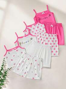 SHEIN 8pcs Baby Girls' Comfortable And Fun Floral Camisole Top And Shorts Set For Spring/Summer, Suitable For Home And Outdoors - Multicolor - View 1