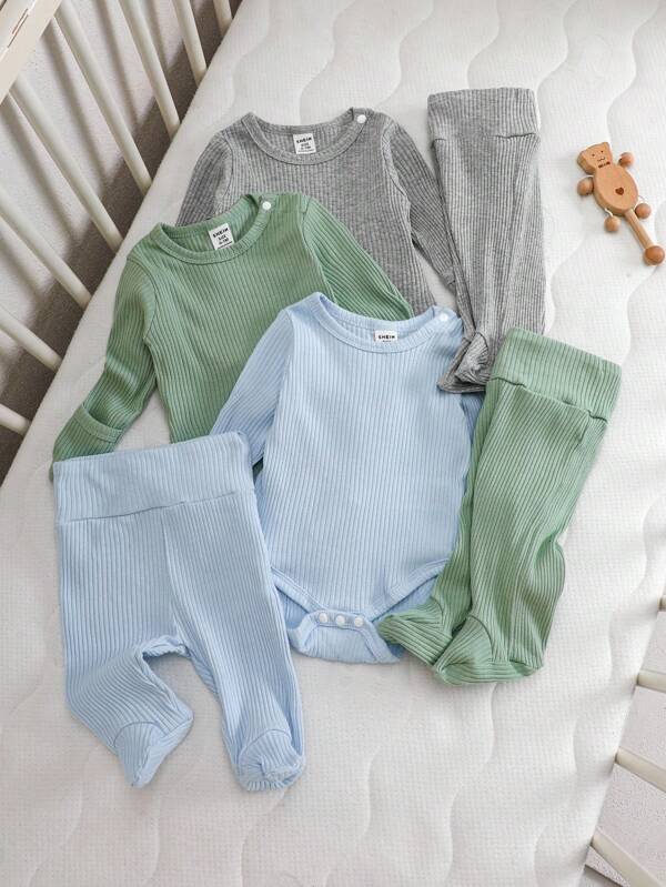 6 buc/set nou-născut simplu elegant albastru deschis, verde deschis, gri deschis combinație salopă cu mânecă lungă și pantaloni pijamale confortabile