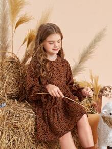 SHEIN Tween Girl Dalmatian Print Flounce Sleeve Ruffle Hem Dress - Brown - View 4