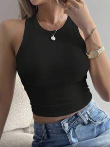 DAZY Áo ba lỗ không tay cổ tròn dáng ôm vừa vặn màu trơn cho nữ, mùa hè - màu đen - Xem 2