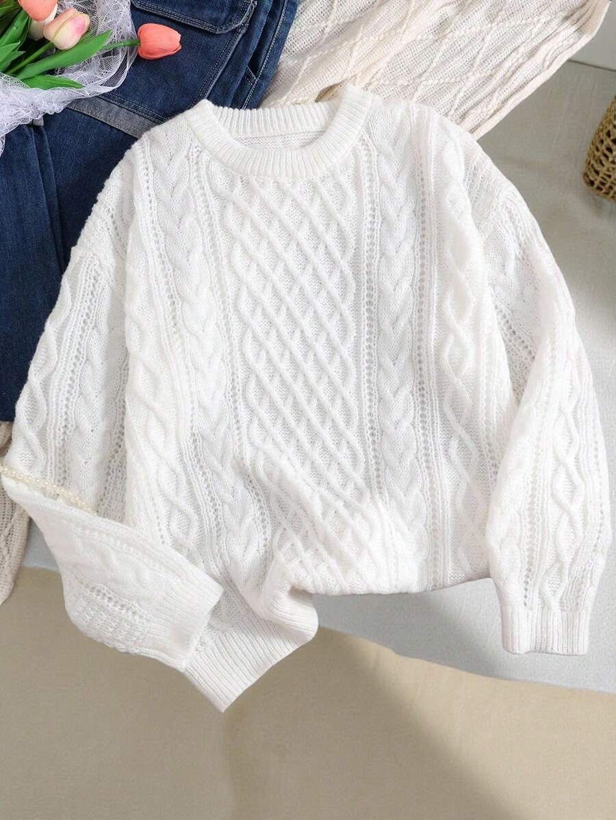 SHEIN كنزة صوفية كاجوال بياقة طاقم للبنات المراهقات، بتصميم كابل سميك مضفر - أبيض - مشاهدة 1