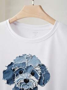 SHEIN Plus Size Women Casual Cute Puppy Print Short Sleeve Round Neck T-Shirt - White - View 3