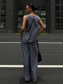 DAZY 2pcs Women's Summer Round Neck Sleeveless Denim Top With Back Tie And Loose Casual Denim Pants Set, Teenage Girls Vacation Style