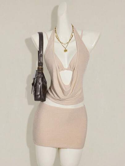 SHEIN ICON Halter Backless Tank Top And Low Waist Mini Skirt 2pcs Set