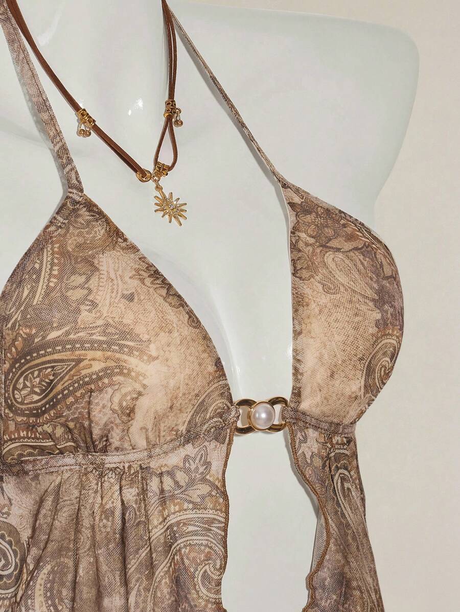 SHEIN ICON 复古佩斯利印花露背吊带短款背心，侧开衩 - 卡其色 - 查看 1