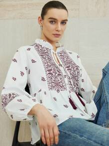 Aveloria Modichic New Summer Women's Casual Tassel Drawstring Lantern Sleeve Printed Vacation Blouse' Fall Cloth For Women - Multicolor - View 2