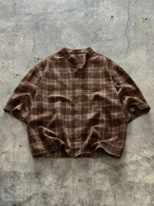 AXEPEAK 男士复古格子印花前扣短袖衬衫，夏季，emo - 彩色 - 查看 1