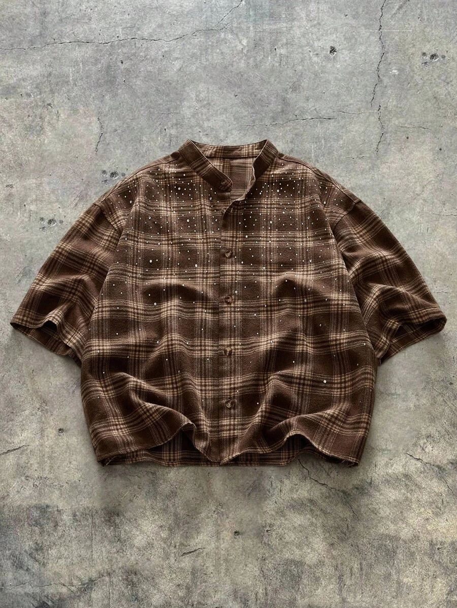 AXEPEAK 男士复古格子印花前扣短袖衬衫，夏季，emo - 彩色 - 查看 1