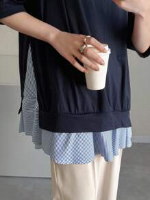 FRIFUL Women Crew Neck Loose Striped T-Shirt With Faux Layered Flounce Hem & Side Slit, Casual Streetwear, Spring/Summer Asymmetrical Top Navy Blue Top Striped Top Half Sleeve Top Layered Top