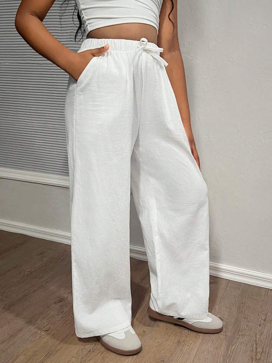 SHEIN Tween Girl Casual Plain Straight Leg Woven Pants Fall Winter - White - View 1