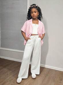 SHEIN Tween Girl Casual Plain Straight Leg Woven Pants Fall Winter - White - View 4