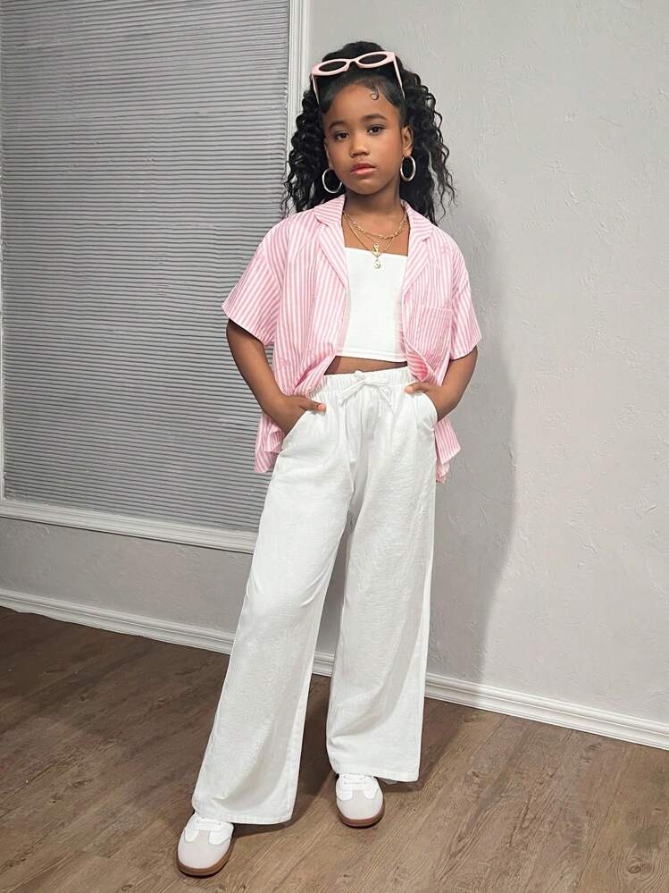 SHEIN 青少年女孩休闲纯色直筒梭织裤 - 白色 - 查看 4