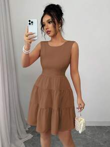 Elenzga Vestido Patinadora de Mulher Cintura Apertada com Laço Decorativo nas Costas, Gola Redonda, Sem Mangas, Cor Sólida