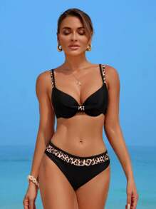Swim Lushoire Summer New Women Swimwear Underwire Push-Up Gather Adjustable Spaghetti Strap Back Two Pieces Set - Black - View 8
