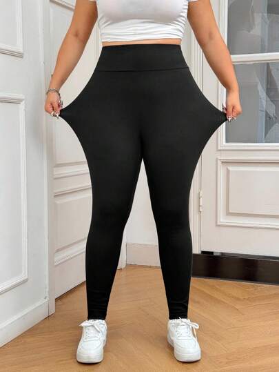 SHEIN EZwear 大码高腰纯色修身休闲弹力打底裤，适合夏季和假期穿着