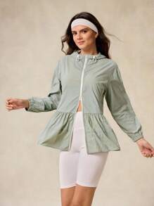 OutZeal Damska kurtka sportowa z ochroną UV, lekka, chłodząca, z falbaniastym brzegiem, chroniąca przed słońcem, na co dzień - Zielony - Zobacz 7