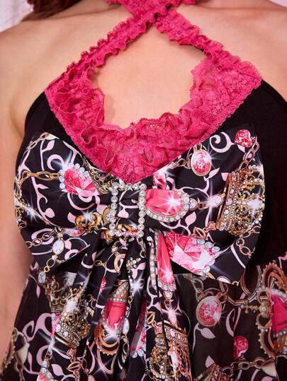 J-Fashion Y2K Style Himekaji Retro Millennium Subculture Shibuya Gyaru Lace Patchwork Dolly Print Chain Graphic Women Camisole