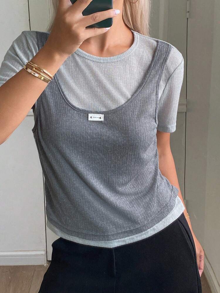 Women's Patchwork Sleeveless Top, Casual Street Style T-Shirt, Autumn