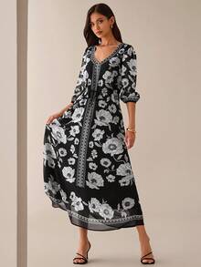 Lilora Das schwarze Maxikleid mit Blumenmuster im Bohemian-Stil für Damen verfügt über einen schmeichelhaften V-Ausschnitt und bequeme Dreiviertelärmel, komplett mit einem stilvollen Gürtel zum Selbstbinden für vielseitige Eleganz. - Schwarz - Übersicht 5