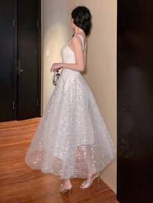 DAZY 无袖亮片拼接长裙，女士奢华舞会礼服，优雅女士连衣裙，闪亮吊带裙 - 白色 - 查看 2