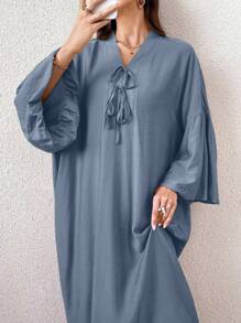 Yasmyna 女式纯色V领长袖休闲优雅阿拉伯连衣裙