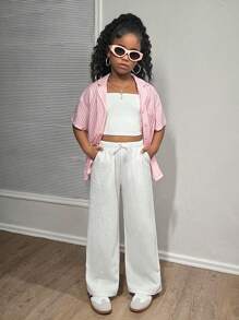 SHEIN Tween Girl Casual Plain Straight Leg Woven Pants Fall Winter - White - View 5