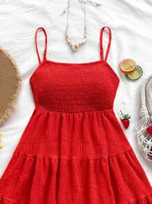 Soleia Solid Ruffle Hem Cami Dress - Red - View 4