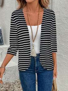 EMERY ROSE Damen Lässig Minimalistisch Modisch Schwarz-Weiß Gestreifter 3/4 Arm Jacke Gestreifter Cardigan für Herbst/Winter