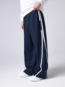 Tween Boy Straight Fit Side Tape Decor Loose Sweatpants,Suitable For Casual,Outdoor Sports,School In Autumn/Winter Wide Leg Pants,Baggy Navy Blue - Navy Blue - View 4
