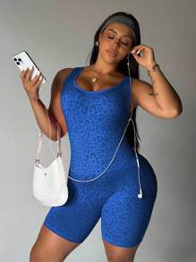 Easithlete Plus Size Women Leopard Print Sleeveless Romper
