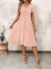 SHEIN Clasi Vestido informal de talla grande con escote en V, manga corta y abotonado sencillo con estampado todo sobre