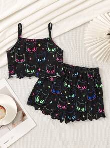SHEIN Dozemod Kids Young Girl Cartoon Glow In The Dark Kitty Print Camisole & Shorts Knit Comfortable Casual Black Pajama Set, 2 Pieces - Black - View 2