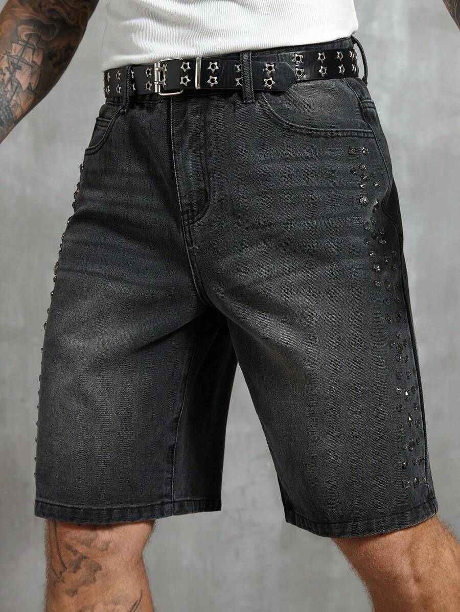 Manfinity Homme Pantaloncini di jeans cargo da uomo di colore solido decorati con diamanti