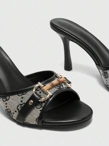 CUCCOO BIZCHIC 黑色 PU 混合时尚金色扣撞色圆头一脚蹬舒适高跟凉鞋