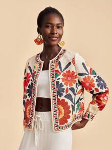 Travachic 杏色梭织面料刺绣长袖花卉外套女绣花夹克女夏季外套花卉印花夹克女式秋冬开衫