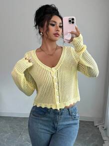 Rafferiza Hollow Out Crew Neck Long Sleeve Single-Breasted Knitted Cardigan Cropped Cardigan Yellow Sweater Fall Cloth For Women - Yellow - View 4