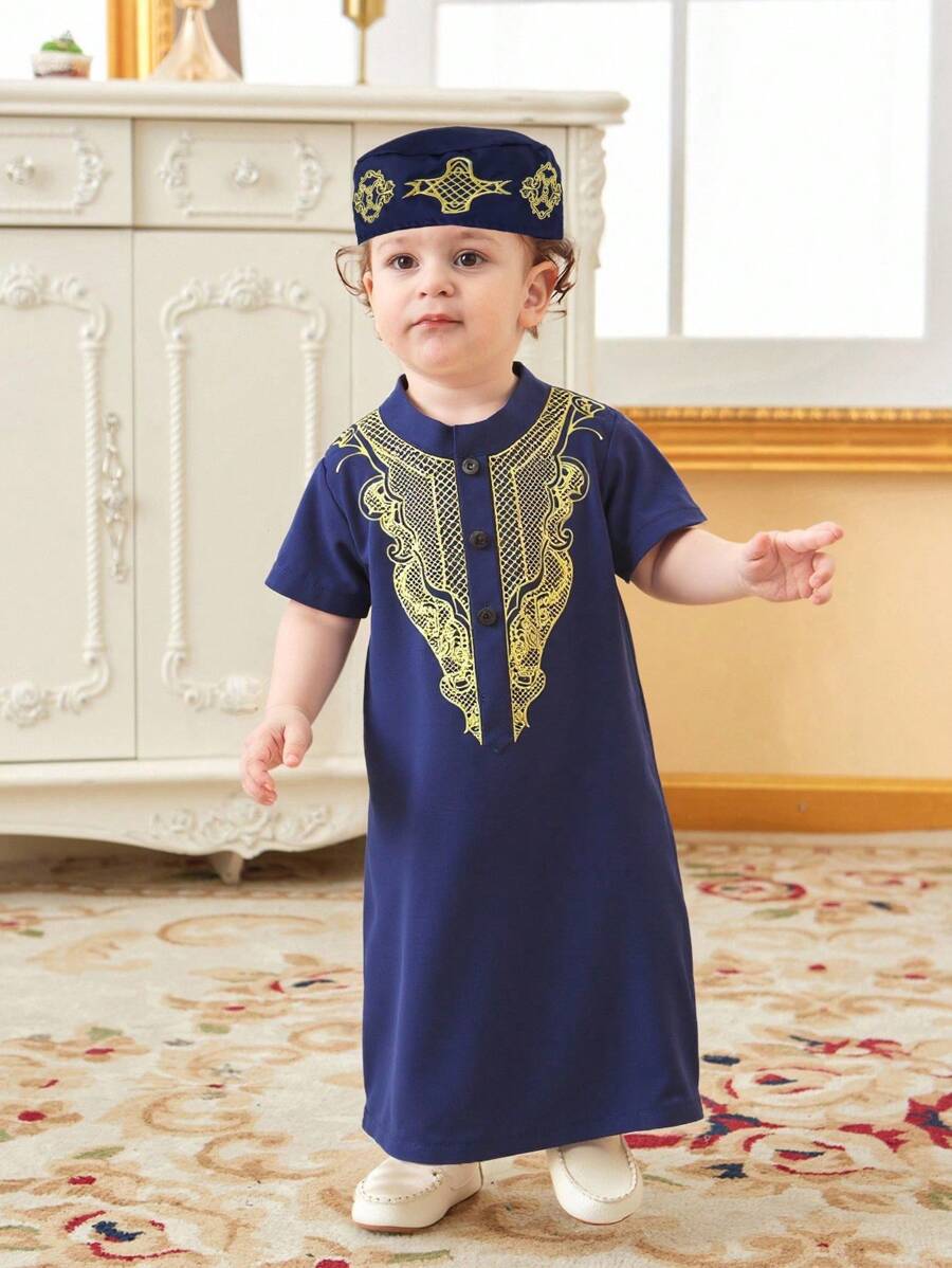 SHEIN 2 szt. Baby Boy Wiosna/Lato Jednolity Niebieski Modny Metaliczny Haft Top Z Czapką, Półotwarty Kołnierz Długi Styl, Nadaje Się Na Wyjścia, Wypoczynek W Domu I Eleganckie Przyjęcia, Strój Unisex Dla Malucha i Niemowlaka - Królewski Niebieski - Zobacz 1