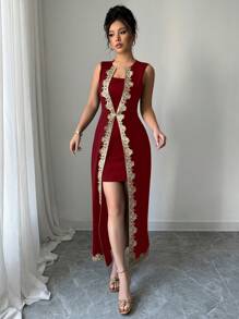 Chiquease فستان أنيق بخصر مشدود وتنورة مطبقة بتطريز دانتيل بدون أكمام، مناسب للارتداء في الربيع والصيف، ملابس صيفية للجامعة