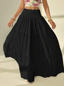 SHEIN PETITE Women's Solid Color Shirred Waist Ruffle Hem Casual Skirt For Vacation - Black - View 3