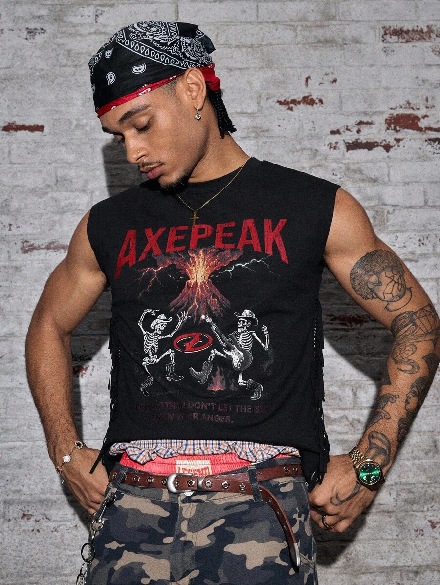 AXEPEAK 骷髅与火山印花流苏装饰男式背心 - 黑色 - 查看 1