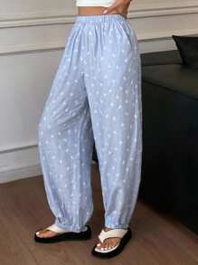 DAZY Women's Bow Pattern Allover Print Ruched Hem Lantern Pajama Pants, Fall - Blue - View 5