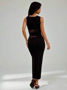 SHEIN PETITE Women's Black Elegant Lace Stitching Sincere Long Dress,Elegant Women Dresses,Party Women Outfits,New Years Women Dress,Black Women Dresses,New Years Women Outfit,New Year Party Dress - Black - View 2