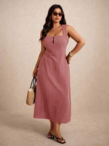 Elaquor Đầm mùa hè không tay cổ vuông màu trơn cỡ lớn đa năng dây rộng - Bụi hồng - Xem 5