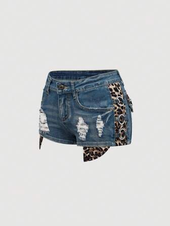 J-Fashion Shorts vaqueros de cintura baja sexy estilo Gyaru Harajuku Y2K vintage, con estampado de leopardo y talle superreducido para mujer
