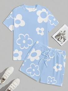 Manfinity Homme 2件套男士休闲短袖T恤和宽松短裤套装男士两件套短裤套装短款2件套男士套装花朵，舒适服装 - 淺藍色 - 查看 4