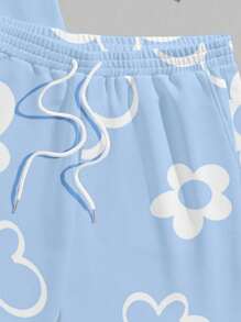 Manfinity Homme 2件套男士休闲短袖T恤和宽松短裤套装男士两件套短裤套装短款2件套男士套装花朵，舒适服装 - 淺藍色 - 查看 6