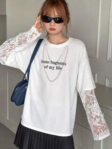 Dazy Kids 青少年女孩休闲宽松白色长袖 T 恤，二合一，秋季 - 白色 - 查看 7